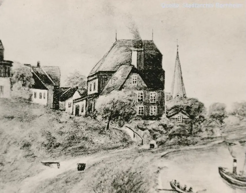 Historische Ansicht von Widdig vom Rhein aus